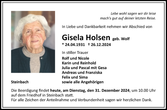 Traueranzeige von Gisela Holsen von Fränkische Nachrichten