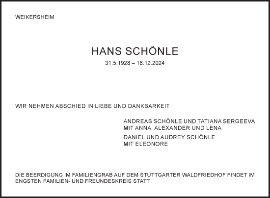 Traueranzeige von Hans Schönle von Fränkische Nachrichten