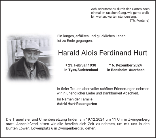 Traueranzeige von Harald Alois Ferdinand Hurt von Bergsträßer Anzeiger