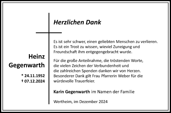 Traueranzeige von Heinz Gegenwarth von Fränkische Nachrichten