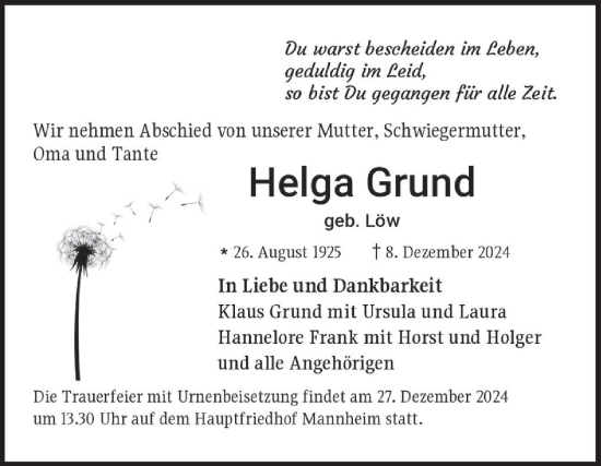 Traueranzeige von Helga Grund von Mannheimer Morgen