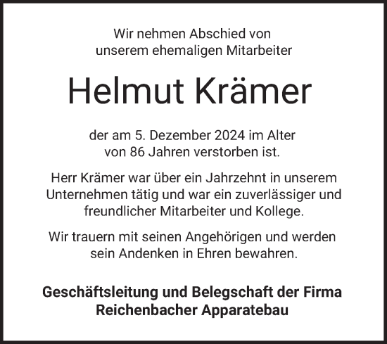 Traueranzeige von Helmut Krämer von Bergsträßer Anzeiger