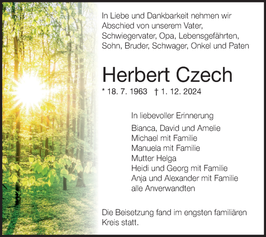 Traueranzeige von Herbert Czech von Fränkische Nachrichten