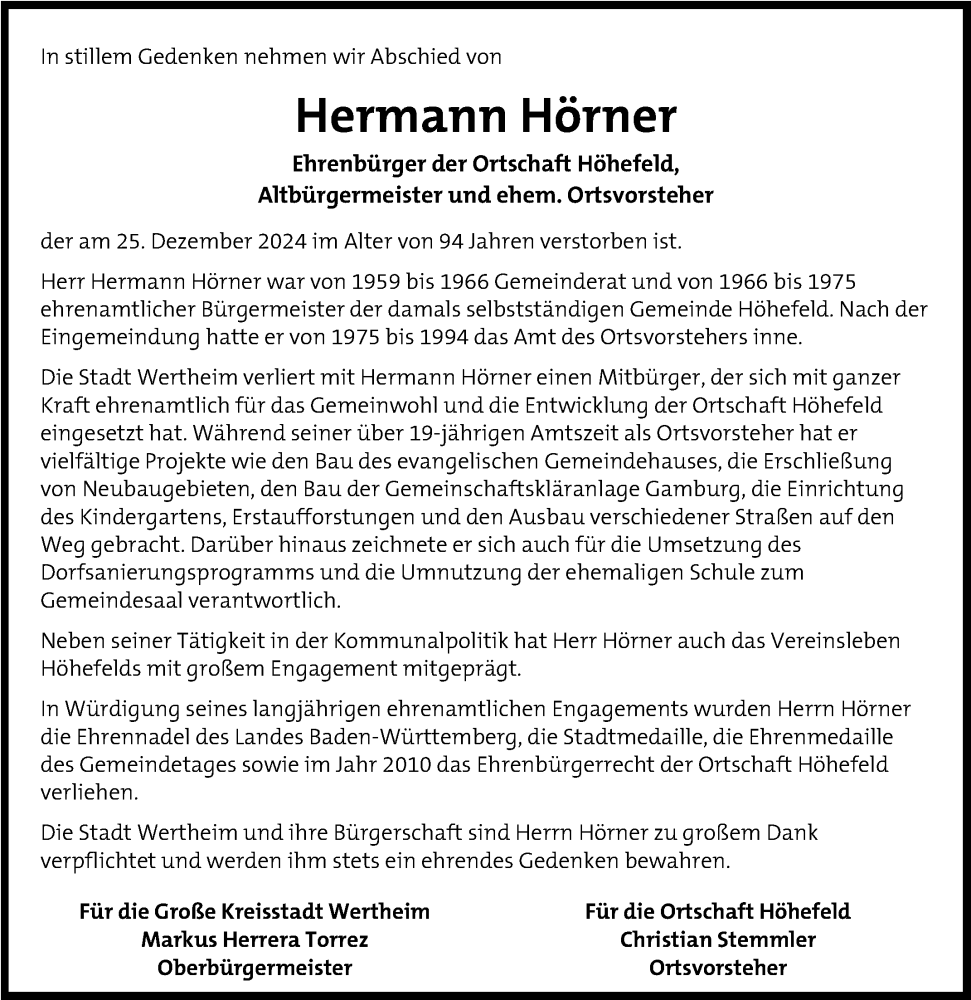  Traueranzeige für Hermann Hörner vom 31.12.2024 aus Fränkische Nachrichten