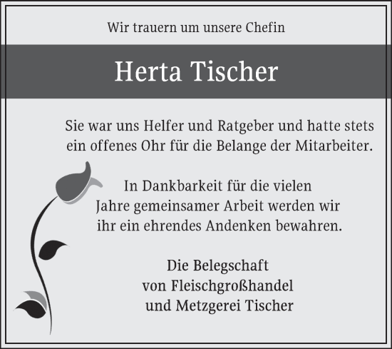 Traueranzeige von Herta Tischer von Fränkische Nachrichten