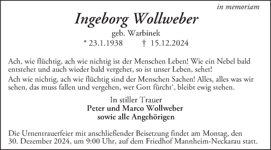 Traueranzeige von Ingeborg Wollweber von Mannheimer Morgen