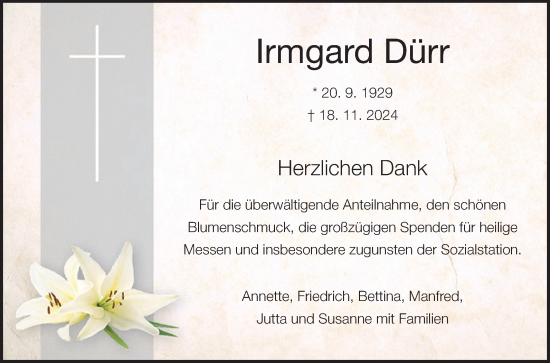 Traueranzeige von Irmgard Dürr von Fränkische Nachrichten