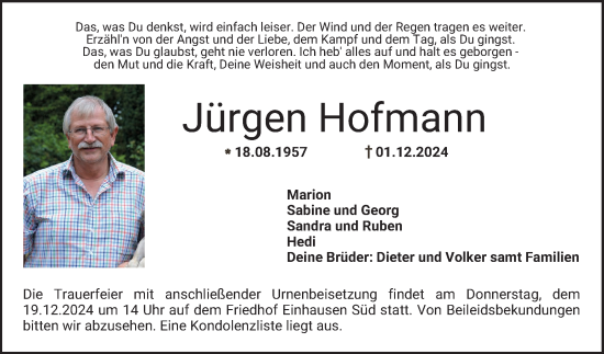 Traueranzeige von Jürgen Hofmann von Bergsträßer Anzeiger