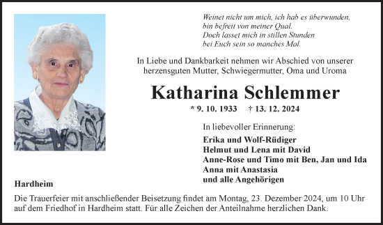 Traueranzeige von Katharina Schlemmer von Fränkische Nachrichten