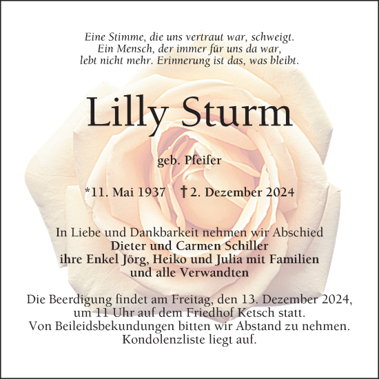 Traueranzeige von Lilly Sturm von Schwetzinger Zeitung