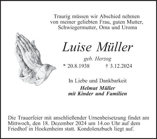 Traueranzeige von Luise Müller von Schwetzinger Zeitung