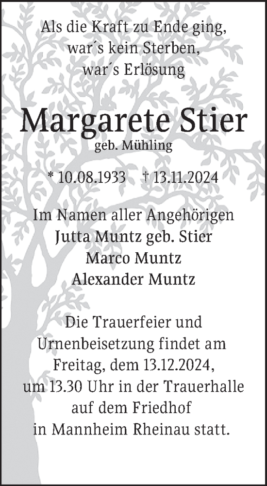  Traueranzeige für Margarete Stier vom 07.12.2024 aus Mannheimer Morgen