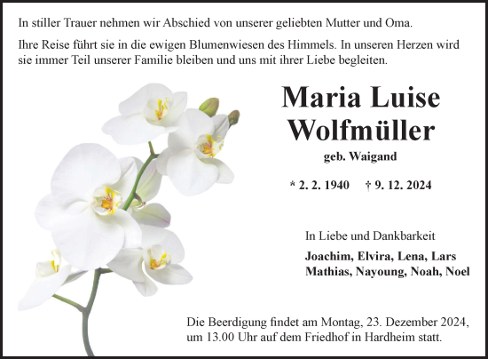 Traueranzeige von Maria Luise Wolfmüller von Fränkische Nachrichten