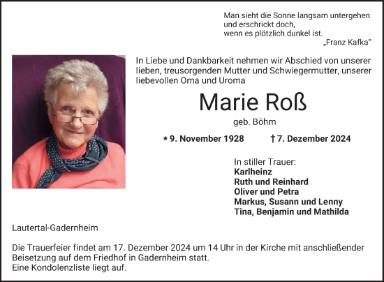 Traueranzeige von Marie Roß von Bergsträßer Anzeiger