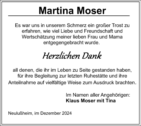 Traueranzeige von Martina Moser von Schwetzinger Zeitung