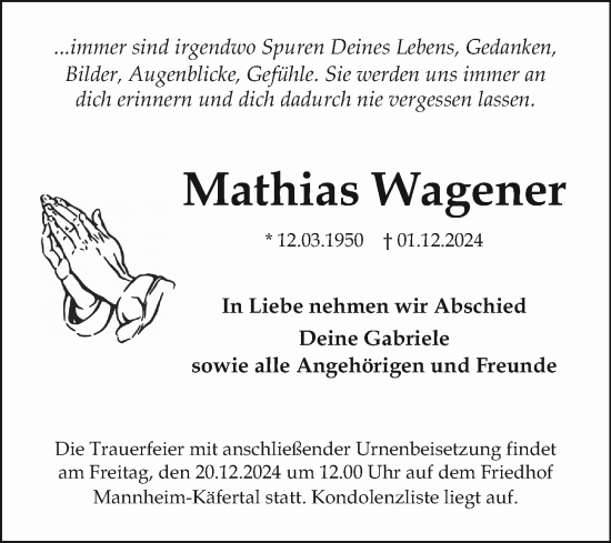 Traueranzeige von Mathias Wagener von Mannheimer Morgen