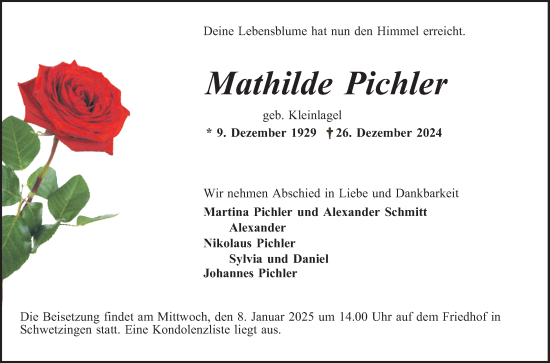 Traueranzeige von Mathilde Pichler von Schwetzinger Zeitung