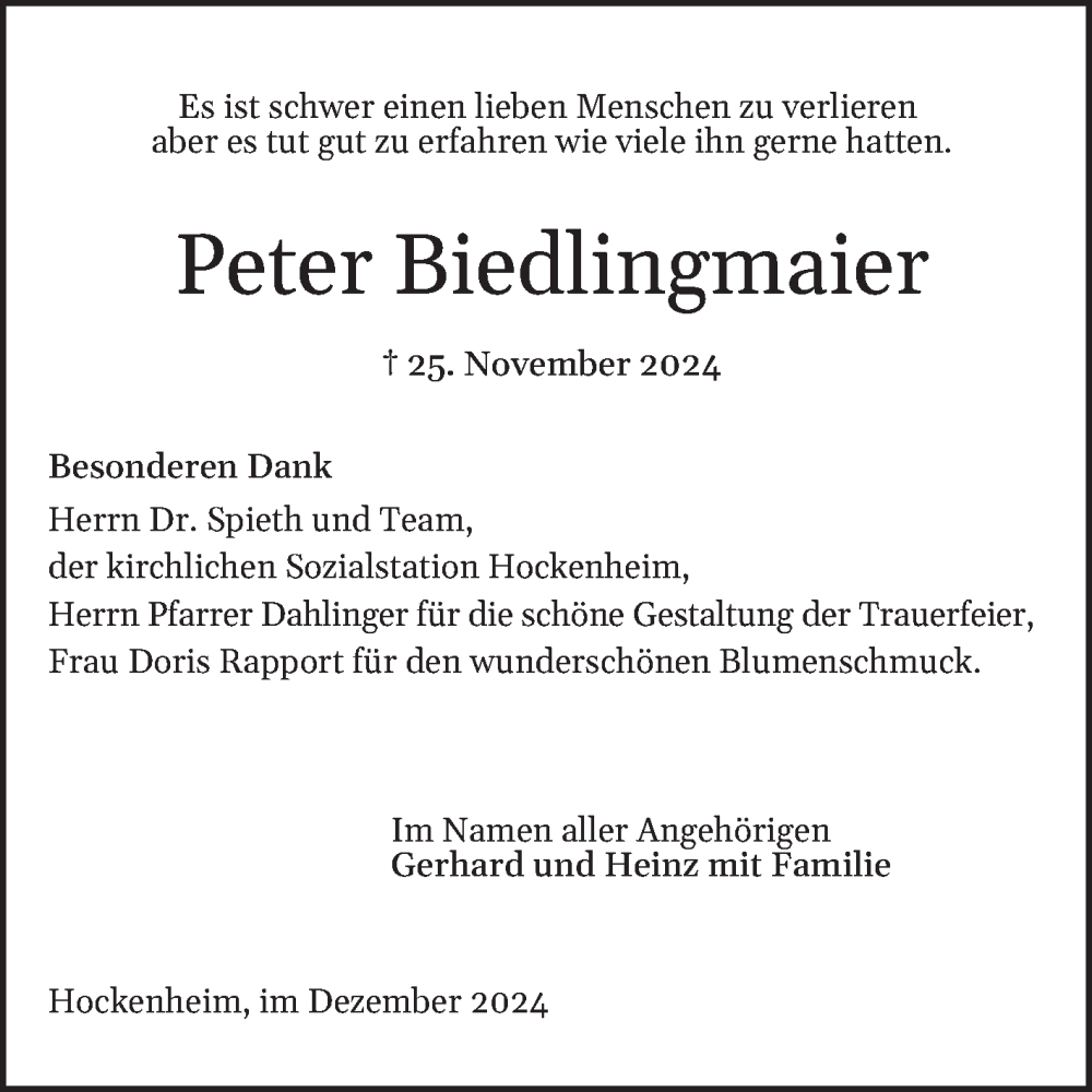  Traueranzeige für Peter Biedlingmaier vom 21.12.2024 aus Schwetzinger Zeitung