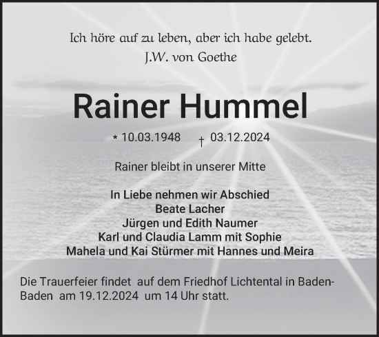 Traueranzeige von Rainer Hummel von Schwetzinger Zeitung