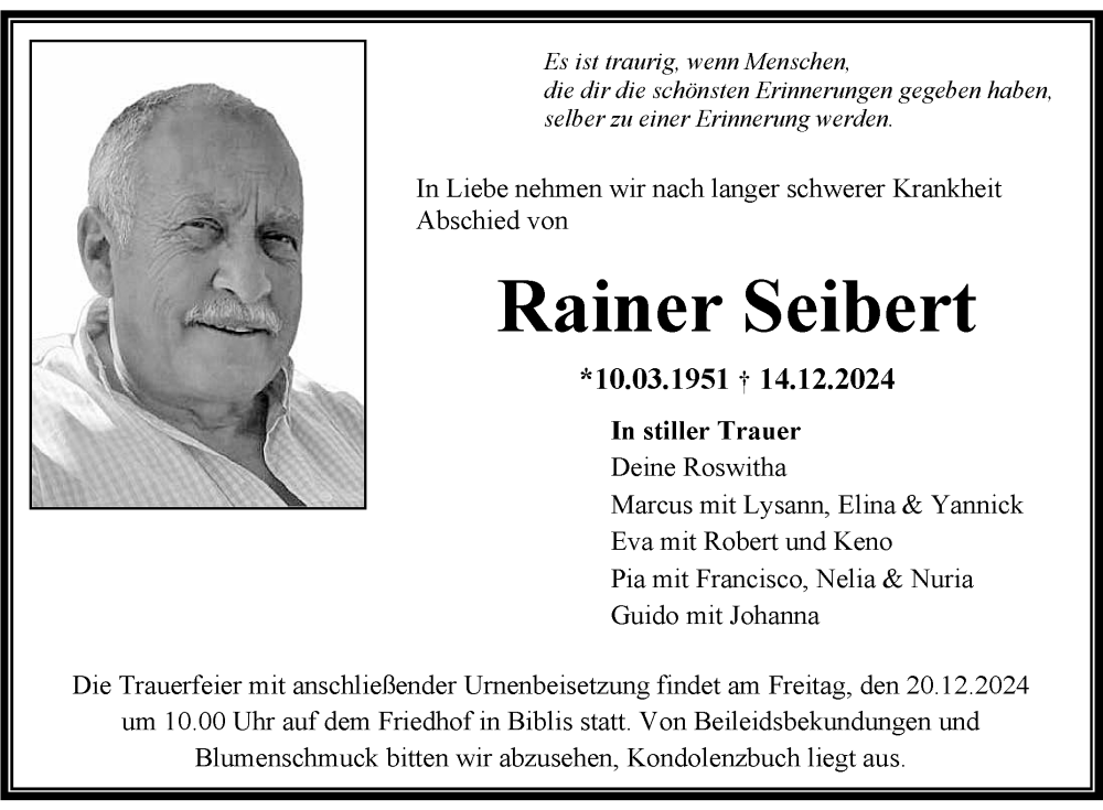  Traueranzeige für Rainer Seibert vom 17.12.2024 aus Mannheimer Morgen