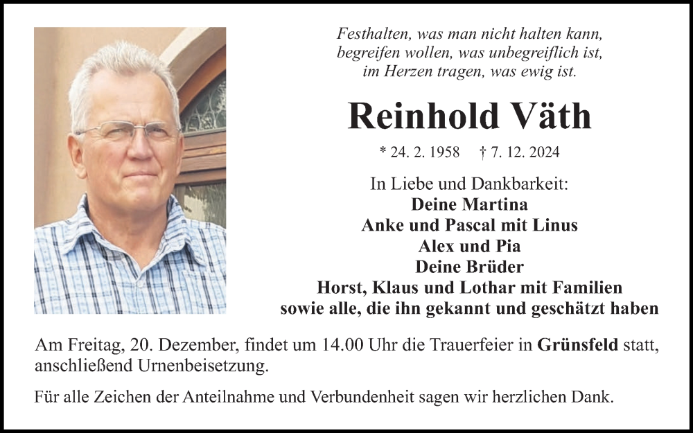  Traueranzeige für Reinhold Väth vom 14.12.2024 aus Fränkische Nachrichten