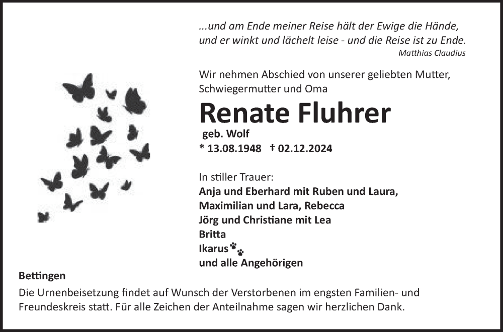  Traueranzeige für Renate Fluhrer vom 09.12.2024 aus Fränkische Nachrichten