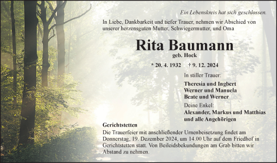 Traueranzeige von Rita Baumann von Fränkische Nachrichten