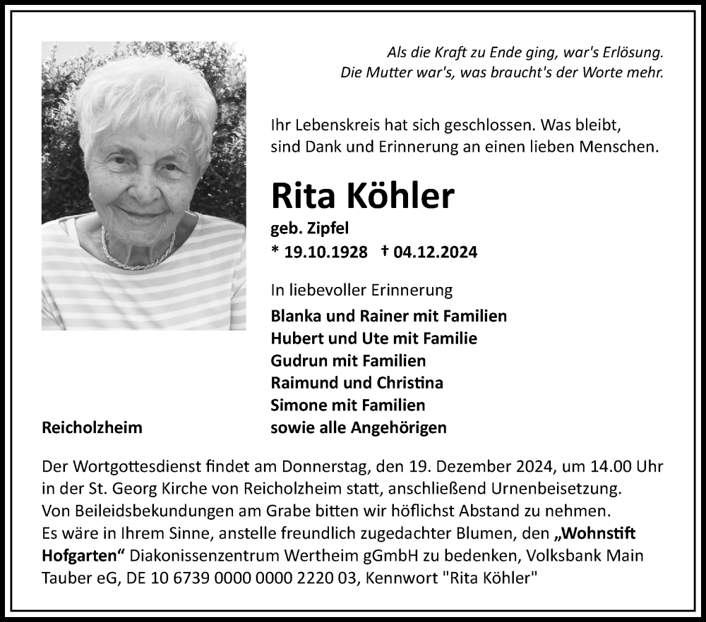  Traueranzeige für Rita Köhler vom 14.12.2024 aus Fränkische Nachrichten