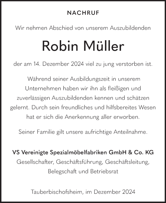 Traueranzeige von Robin Müller von Fränkische Nachrichten