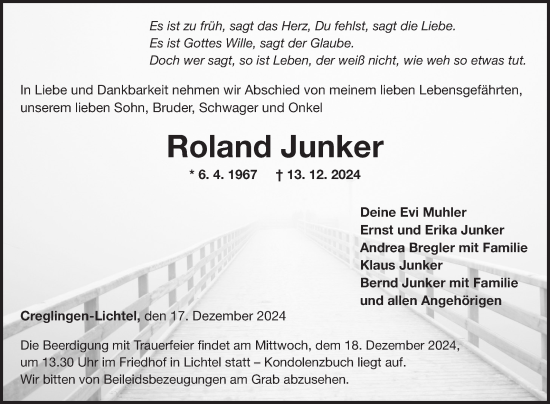 Traueranzeige von Roland Junker von Fränkische Nachrichten