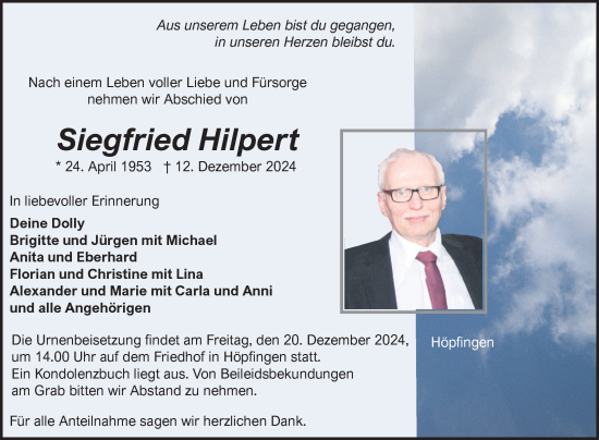 Traueranzeige von Siegfried Hilpert von Fränkische Nachrichten