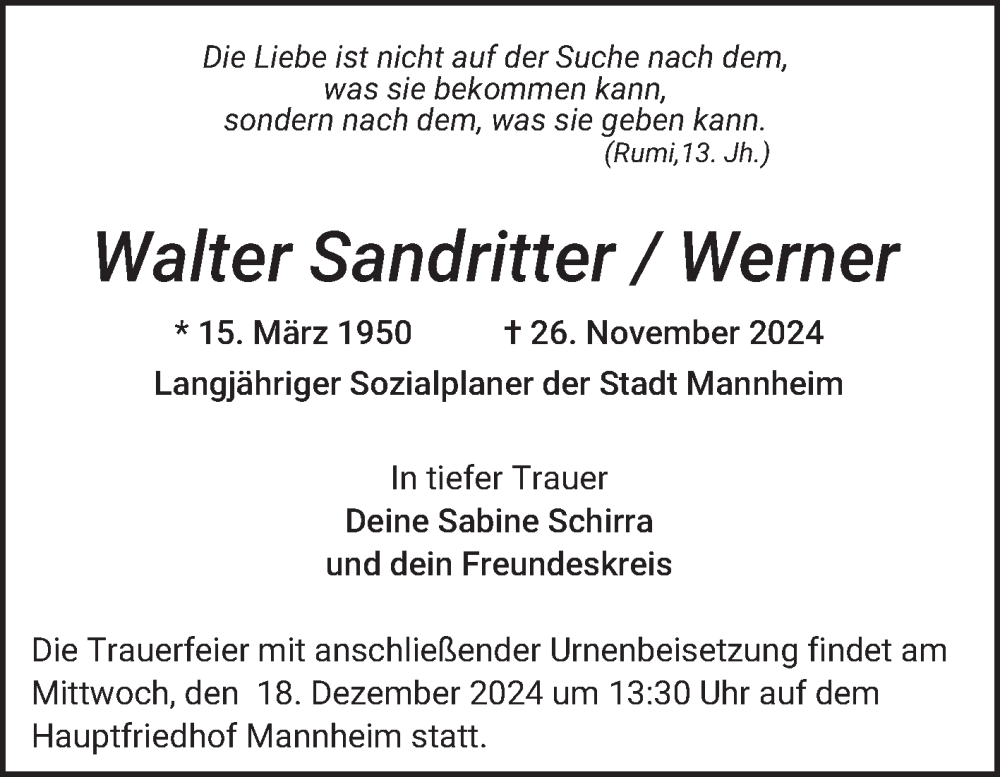  Traueranzeige für Walter Sandritter vom 07.12.2024 aus Mannheimer Morgen