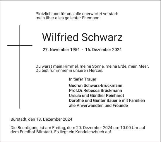 Traueranzeige von Wilfried Schwarz von Mannheimer Morgen