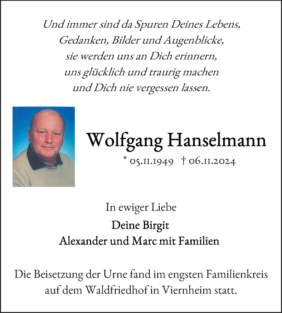  Traueranzeige für Wolfgang Hanselmann vom 14.12.2024 aus Mannheimer Morgen