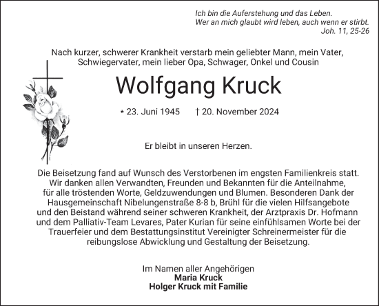 Traueranzeige von Wolfgang Kruck von Schwetzinger Zeitung