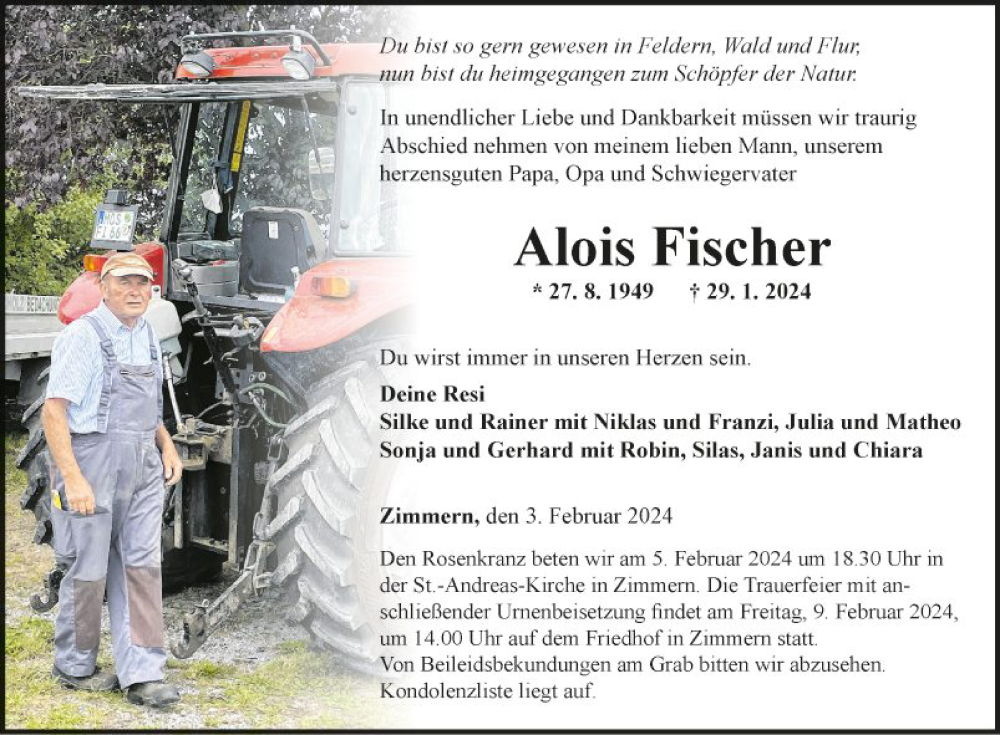  Traueranzeige für Alois Fischer vom 03.02.2024 aus Fränkische Nachrichten