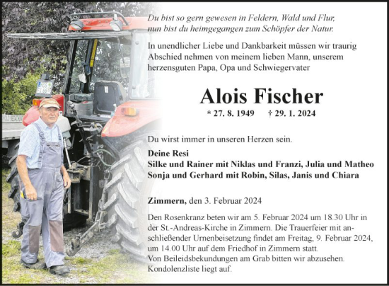 Traueranzeige von Alois Fischer von Fränkische Nachrichten