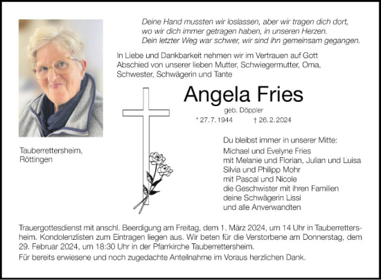 Traueranzeige von Angela Fries von Fränkische Nachrichten