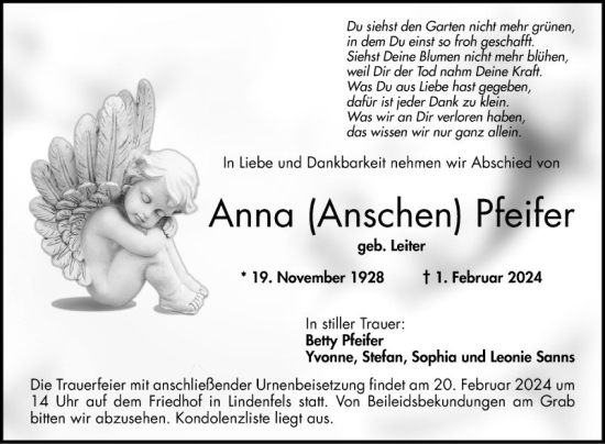Traueranzeige von Anna  Pfeifer von Bergsträßer Anzeiger