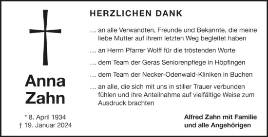 Traueranzeige von Anna Zahn von Fränkische Nachrichten