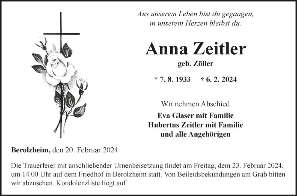  Traueranzeige für Anna Zeitler vom 20.02.2024 aus Fränkische Nachrichten
