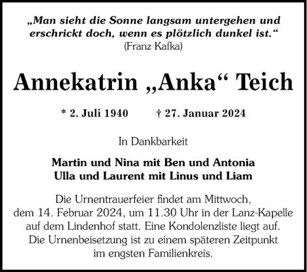  Traueranzeige für Annekatrin Anka Teich vom 03.02.2024 aus Mannheimer Morgen
