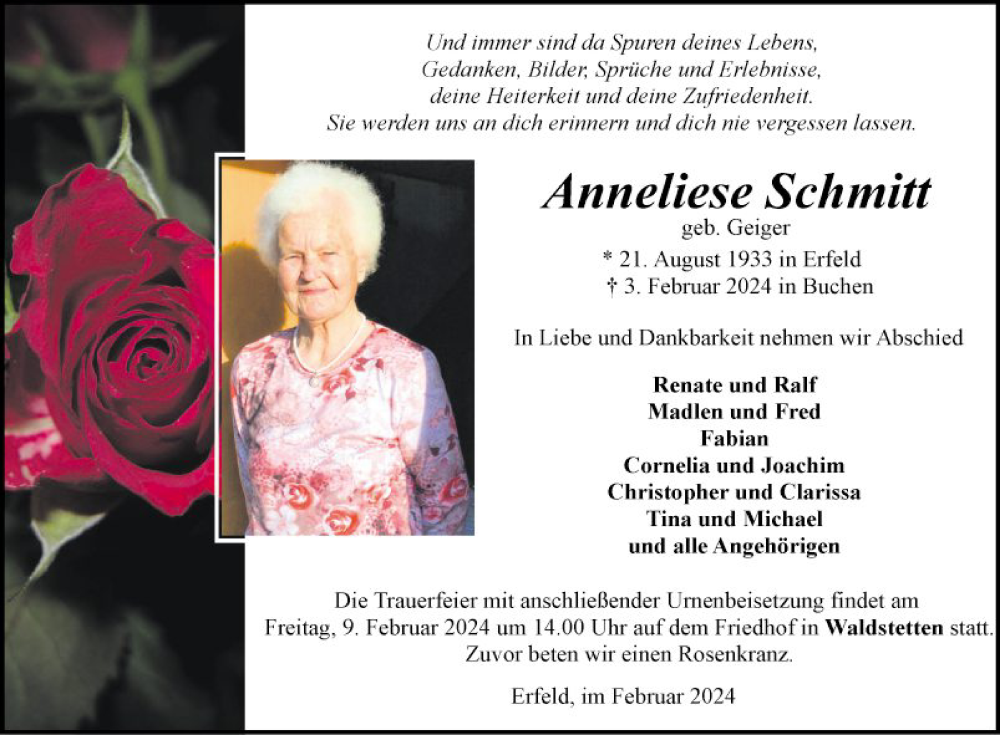  Traueranzeige für Anneliese Schmitt vom 07.02.2024 aus Fränkische Nachrichten