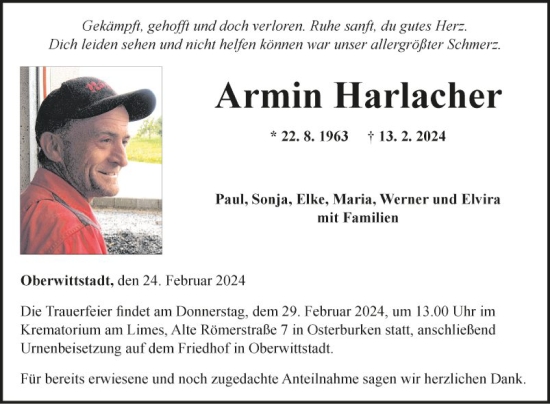 Traueranzeige von Armin Harlacher von Fränkische Nachrichten