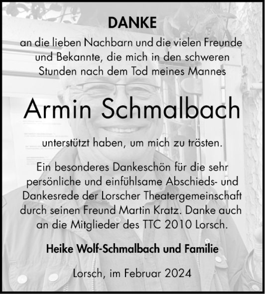  Traueranzeige für Armin Schmalbach vom 17.02.2024 aus Bergsträßer Anzeiger