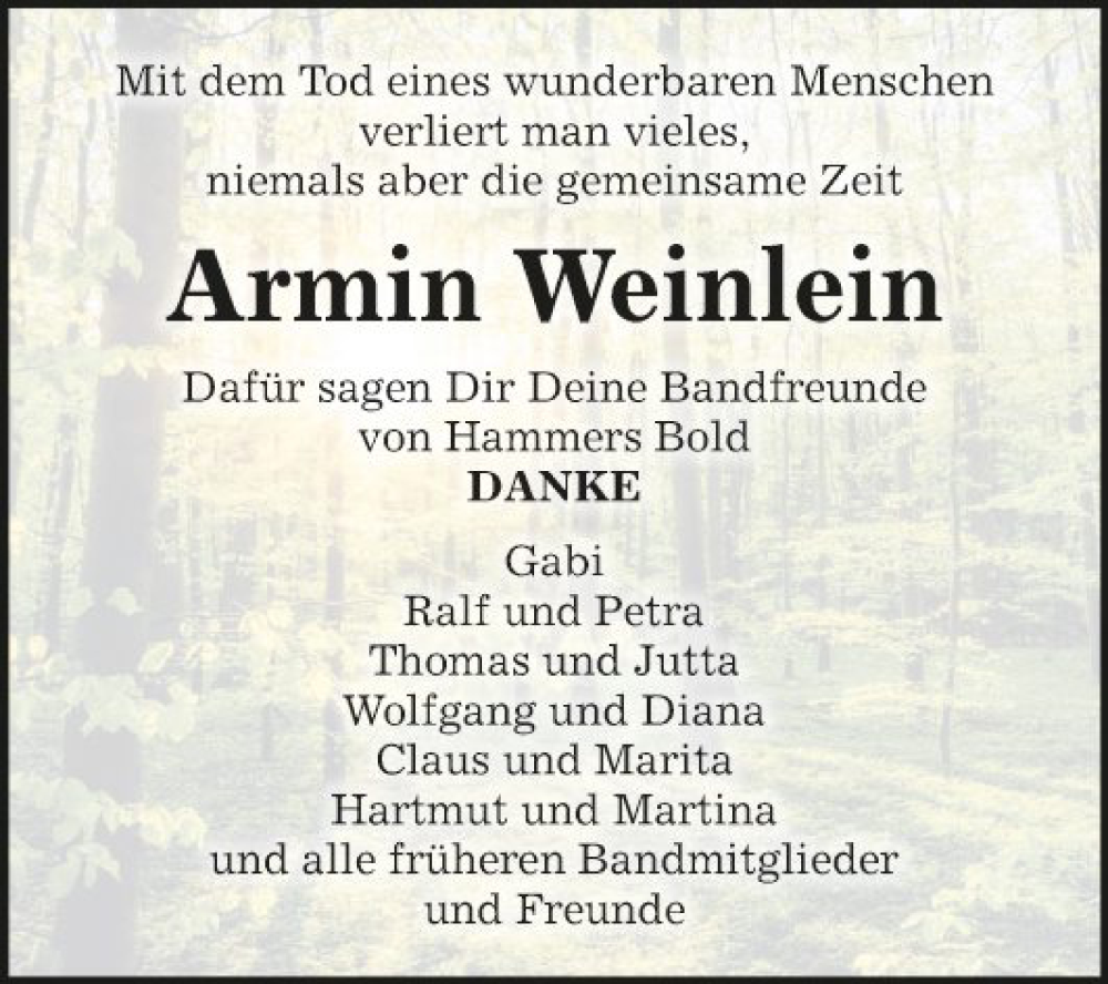  Traueranzeige für Armin Weinlein vom 14.02.2024 aus Fränkische Nachrichten
