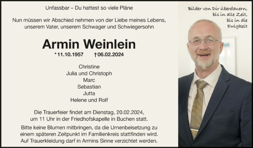 Traueranzeige für Armin Weinlein vom 14.02.2024 aus Fränkische Nachrichten