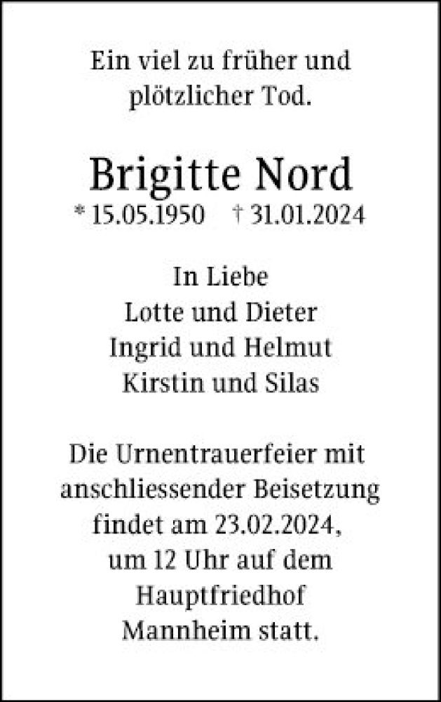  Traueranzeige für Brigitte Nord vom 19.02.2024 aus Mannheimer Morgen