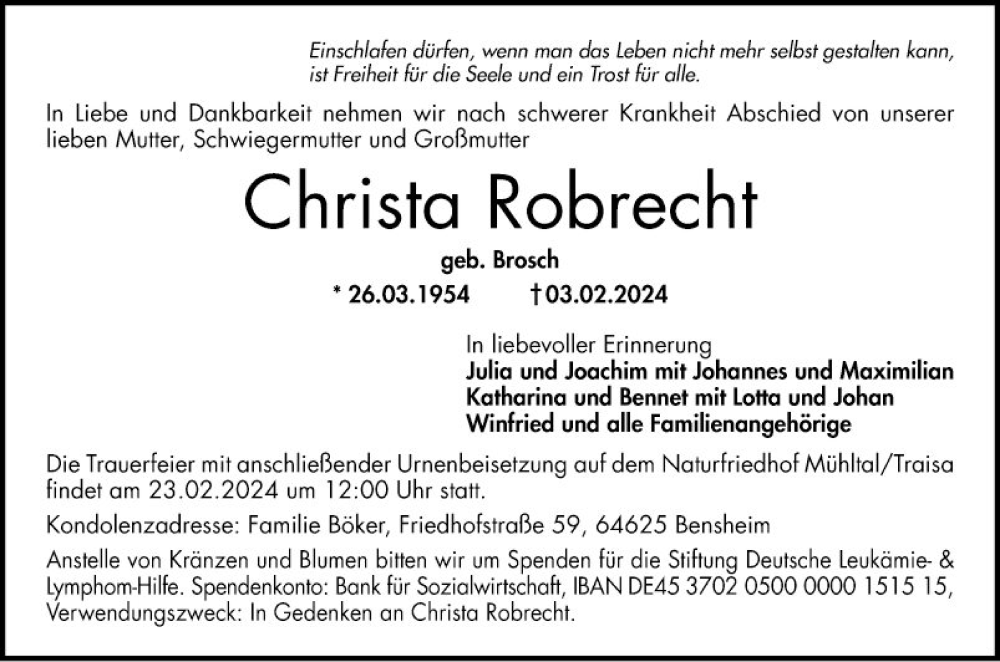  Traueranzeige für Christa Robrecht vom 17.02.2024 aus Bergsträßer Anzeiger