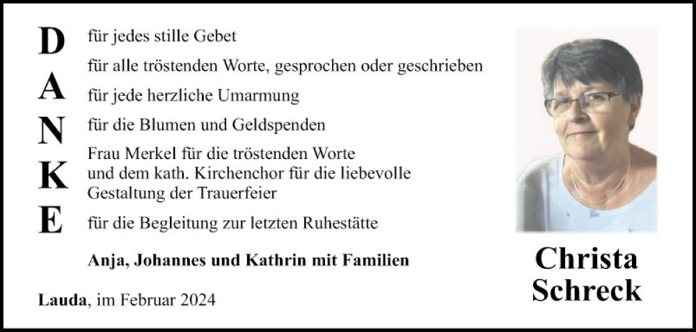 Traueranzeige für Christa Schreck vom 17.02.2024 aus Fränkische Nachrichten